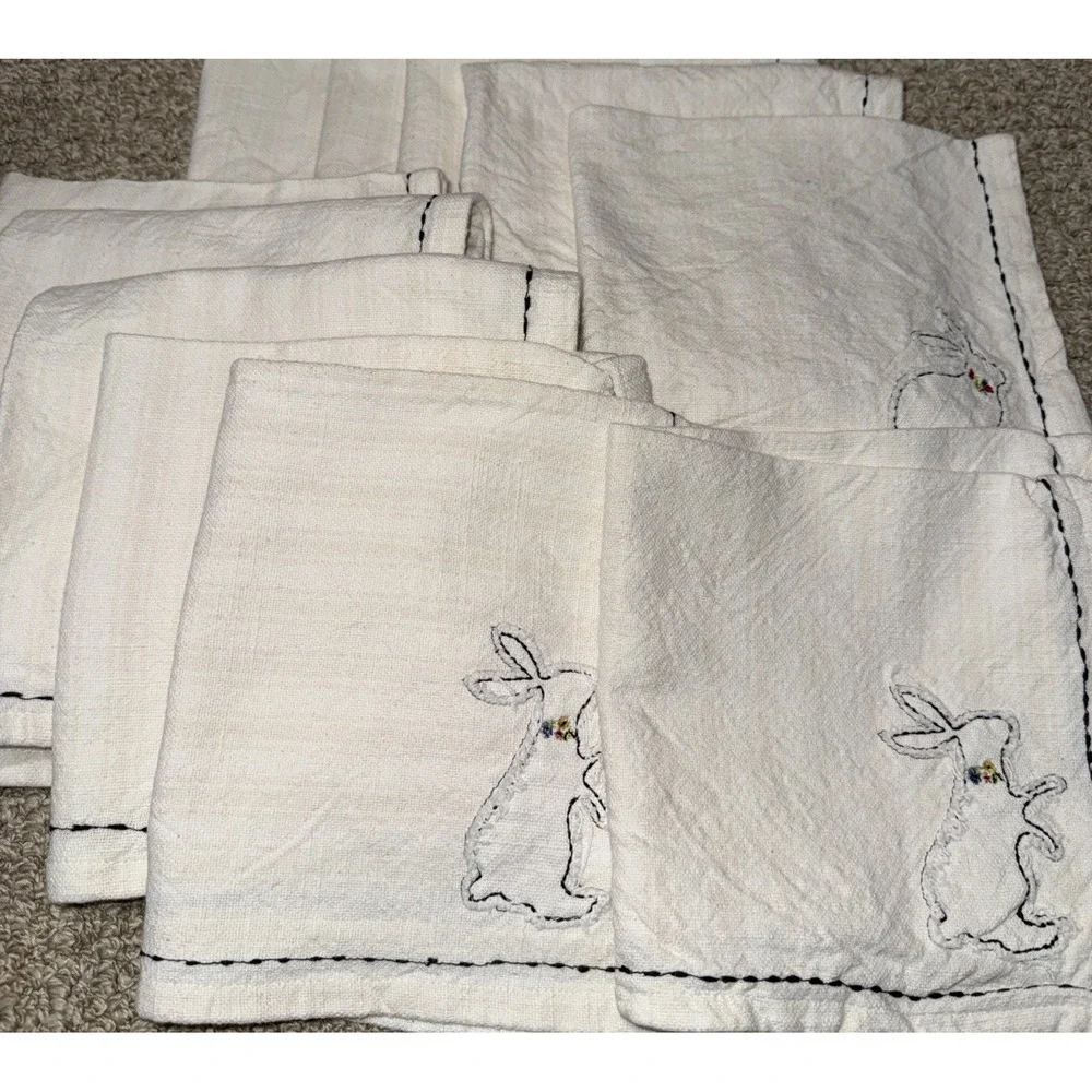 Bunny Tales Bunny Rabbit Embroidered  Cloth Napkins Set Of 11 Cream Striped